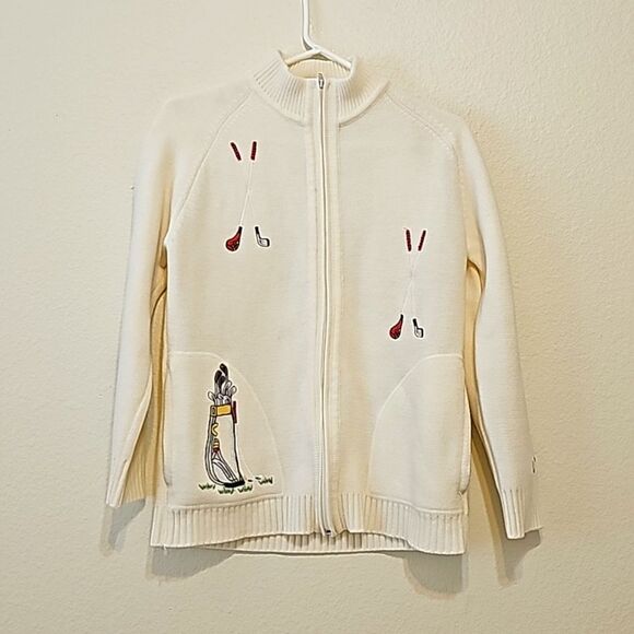 LeRoy Knitwear | Vintage White Zip Up Sweater with Golf Club Embroidery - Picture 1 of 9